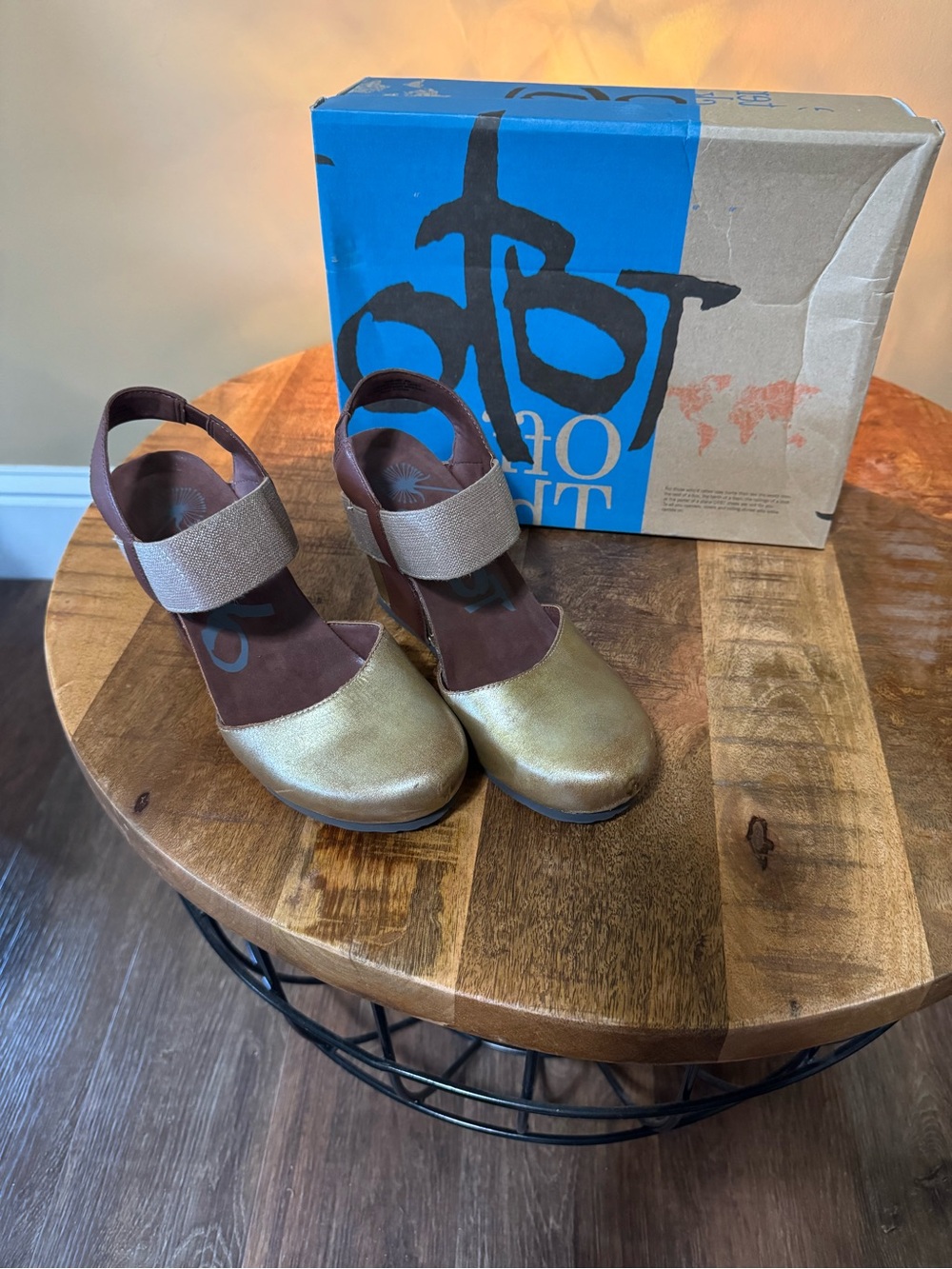 OTBT Gold and Brown Closed-Toe Mary-Jane Wedge Heels with Elastic Strap